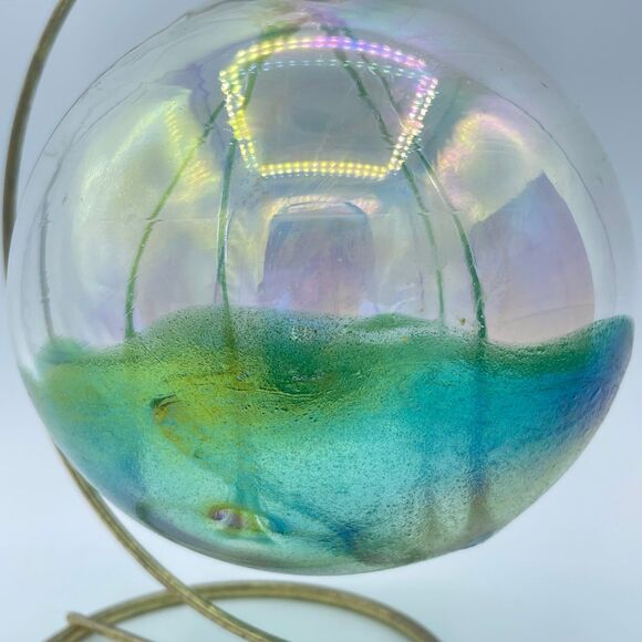 Art Glass Hand Blown Sphere Witch's Ball Iridescent Green w/ Display Stand - Picture 2 of 9
